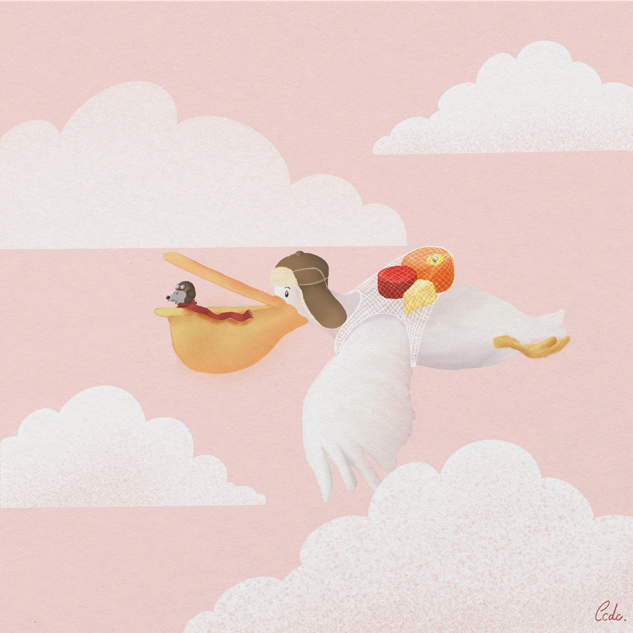 Illustration featuring a rat and a pelican delivering cheeses