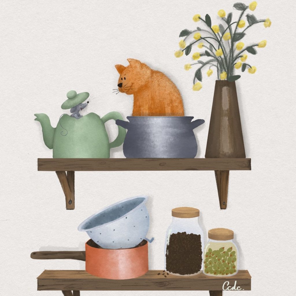 Illustration book cat mouse shelves